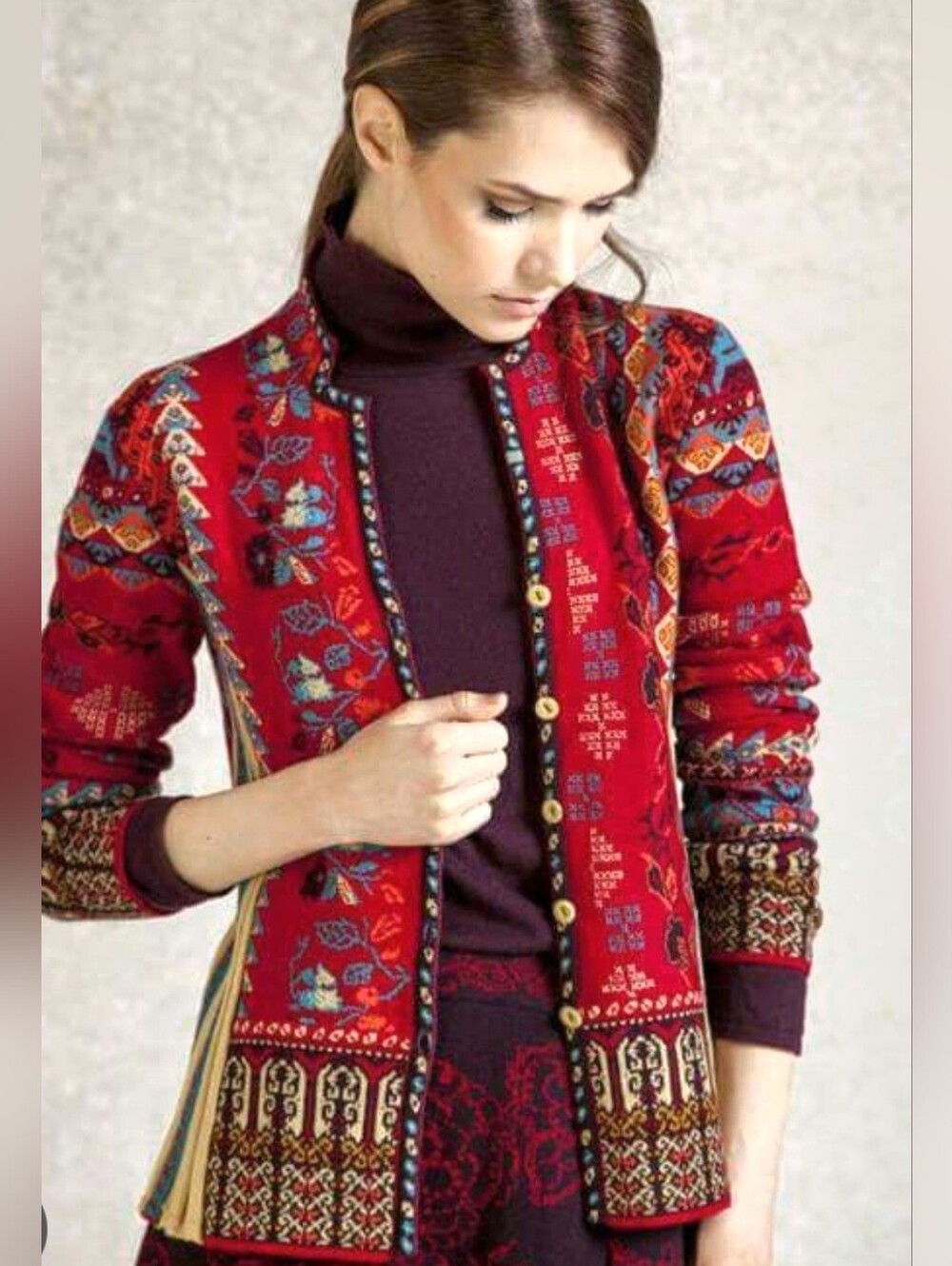 IVKO Wool Jacquard Red Pattern Cardigan Sweater